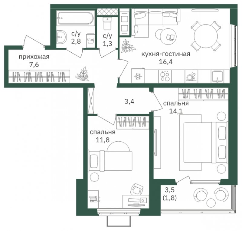 2-комнатная квартира с полной отделкой, 59.2 м2, 21 этаж, сдача 3 квартал 2022 г., ЖК Зеленая Вертикаль, корпус 1 - объявление 1806825 - фото №1