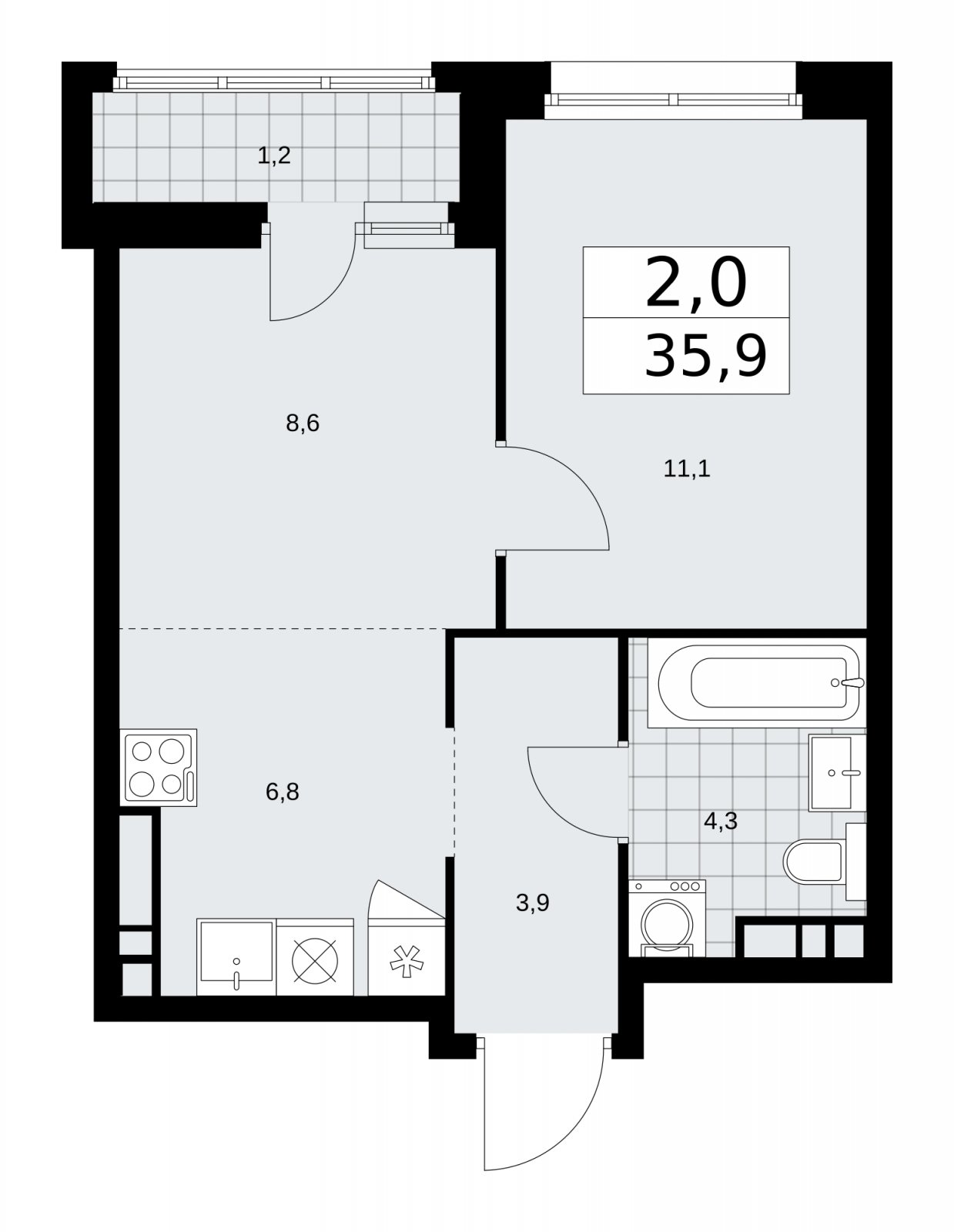 2-комнатная квартира (евро) без отделки, 35.9 м2, 10 этаж, сдача 1 квартал 2026 г., ЖК Дзен-кварталы, корпус 3.2 - объявление 2241529 - фото №1