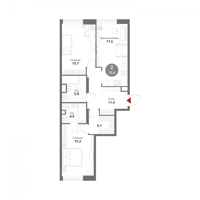 2-комнатная квартира без отделки, 75.4 м2, 2 этаж, сдача 3 квартал 2025 г., ЖК VOXHALL, корпус 2 - объявление 1786833 - фото №1