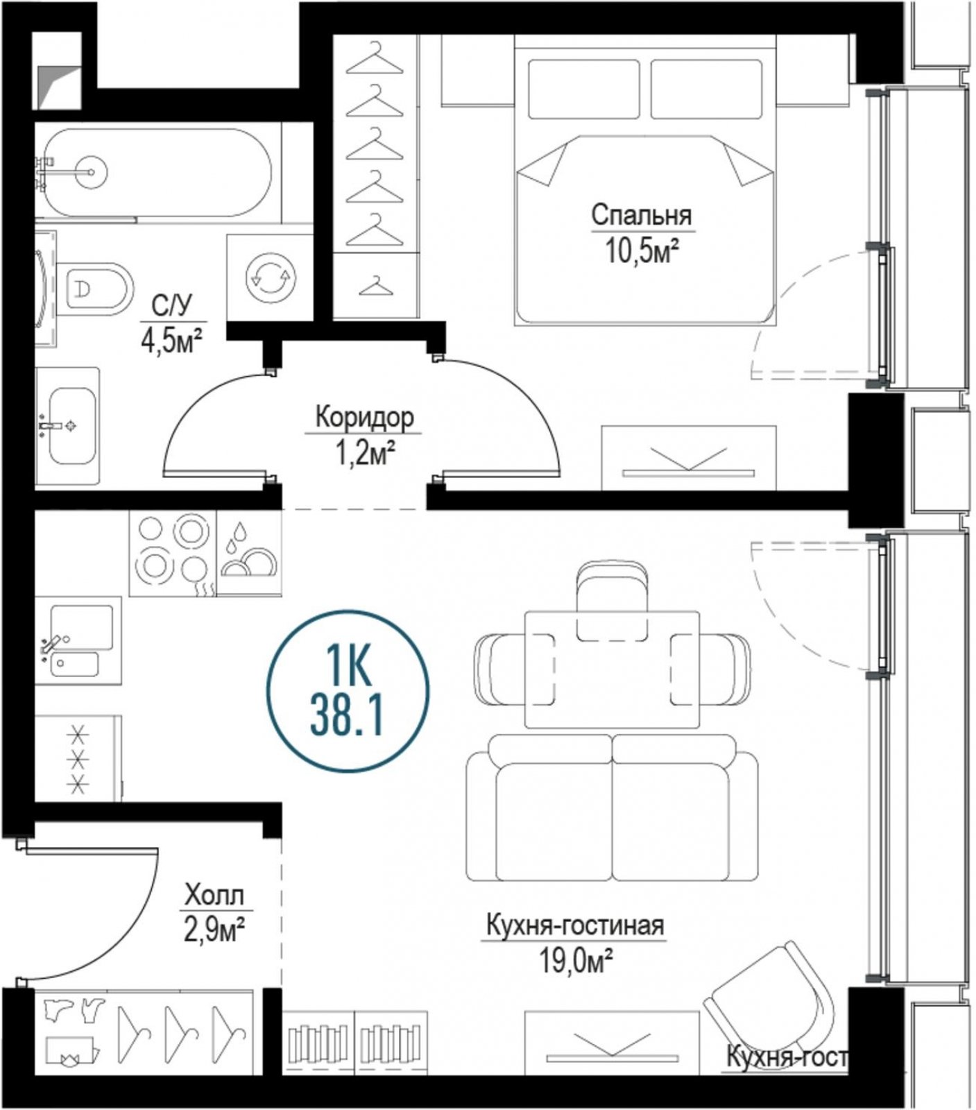 1-комнатная квартира с частичной отделкой, 38.1 м2, 29 этаж, сдача 3 квартал 2024 г., ЖК Метрополия, корпус Hong Kong - объявление 2214445 - фото №1