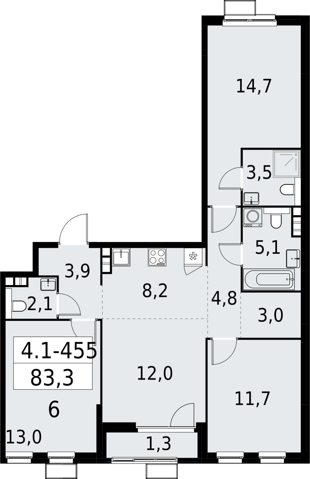 4-комнатная квартира (евро) с полной отделкой, 83.3 м2, 8 этаж, сдача 2 квартал 2027 г., ЖК Южные сады, корпус 4.1.2 - объявление 2392960 - фото №1