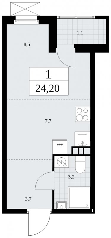 Студия с частичной отделкой, 24.2 м2, 3 этаж, сдача 1 квартал 2025 г., ЖК Бунинские кварталы, корпус 2.2 - объявление 1882345 - фото №1