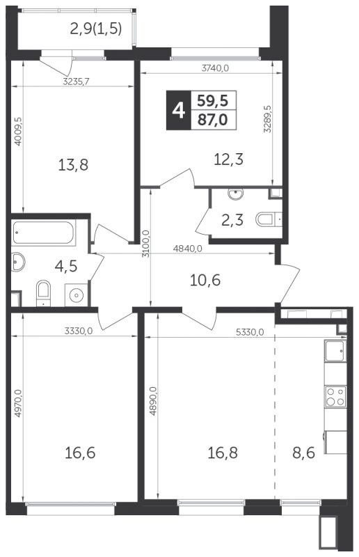 4-комнатная квартира с частичной отделкой, 87 м2, 2 этаж, сдача 1 квартал 2022 г., ЖК Датский квартал, корпус 1 - объявление 1329098 - фото №1