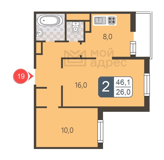 2-комнатная квартира с полной отделкой, 46.1 м2, 6 этаж, дом сдан, ЖК мой адрес В Зеленограде, корпус 2044 - объявление 1745203 - фото №1