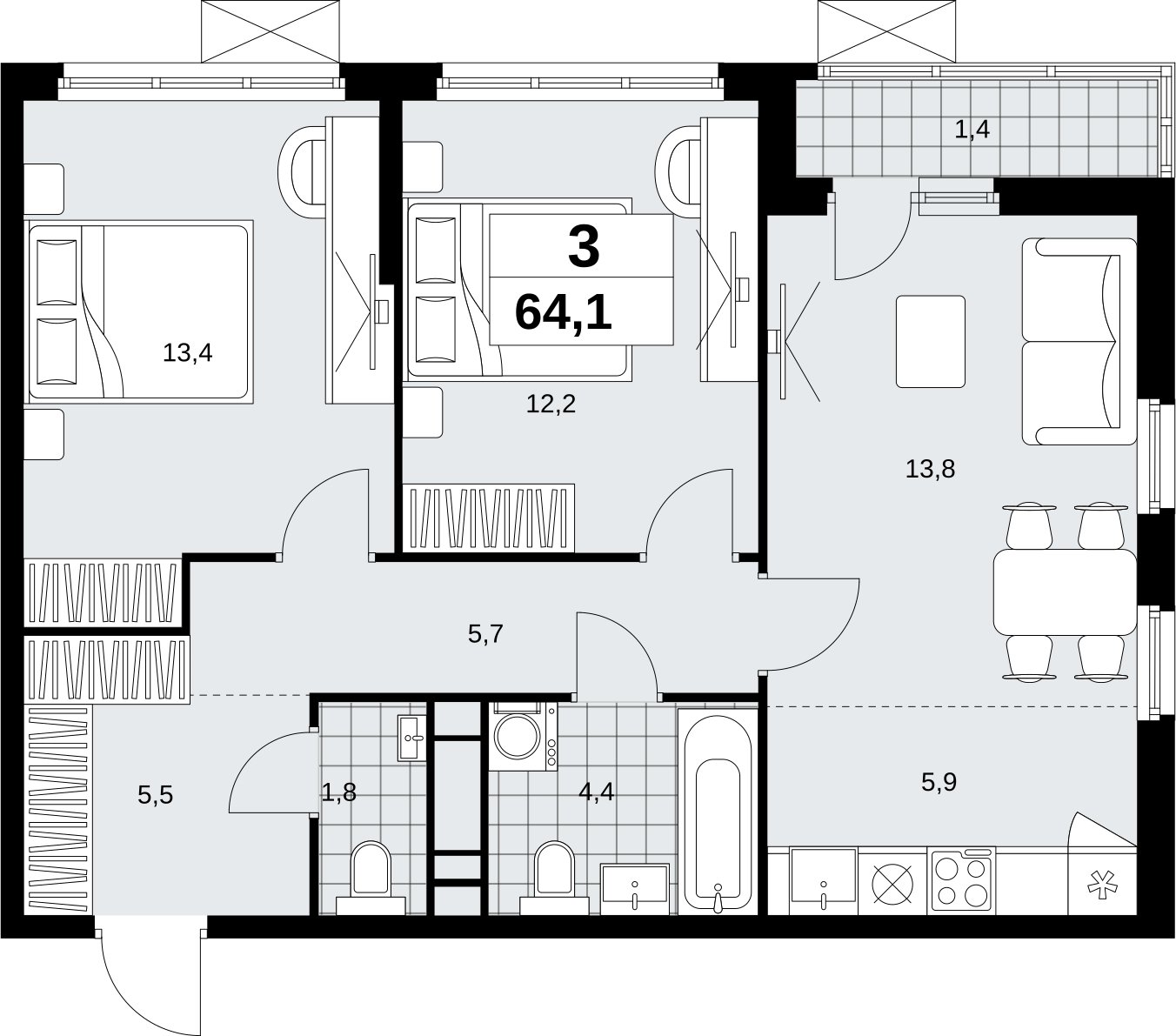 3-комнатная квартира (евро) с полной отделкой, 64.1 м2, 10 этаж, сдача 1 квартал 2027 г., ЖК Скандинавия, корпус 2.18.2.1 - объявление 2351149 - фото №1