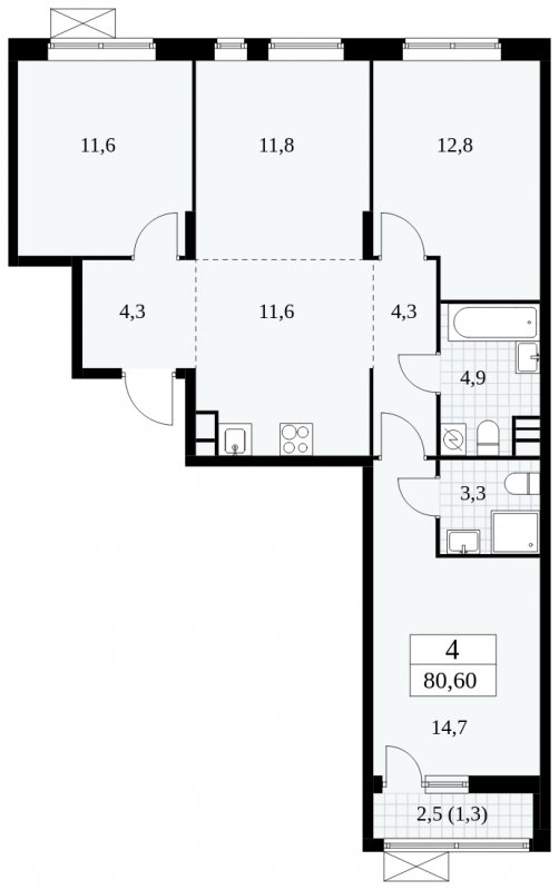 4-комнатная квартира (евро) без отделки, 80.6 м2, 4 этаж, сдача 1 квартал 2025 г., ЖК Прокшино, корпус 5.2.3 - объявление 1751383 - фото №1