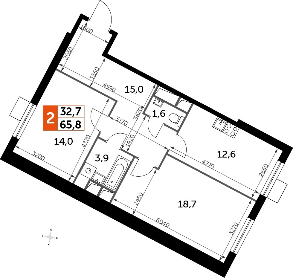 2-комнатная квартира без отделки, 65.8 м2, 7 этаж, дом сдан, ЖК UP-квартал Римский, корпус 7 - объявление 2259942 - фото №1