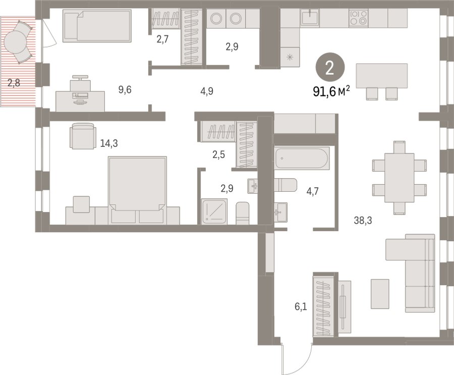 2-комнатная квартира с частичной отделкой, 91.57 м2, 7 этаж, сдача 1 квартал 2025 г., ЖК Первый квартал, корпус 5 - объявление 2310722 - фото №1