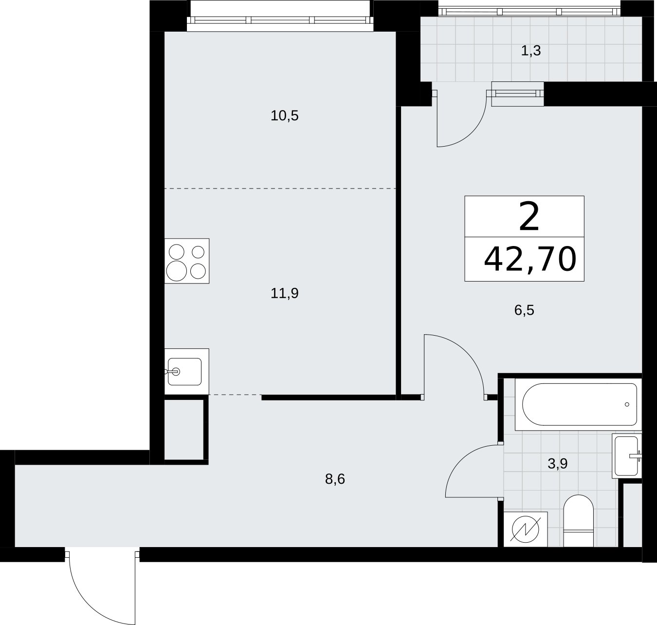 2-комнатная квартира (евро) с полной отделкой, 42.7 м2, 9 этаж, сдача 4 квартал 2026 г., ЖК Родные кварталы, корпус 1.2 - объявление 2317864 - фото №1
