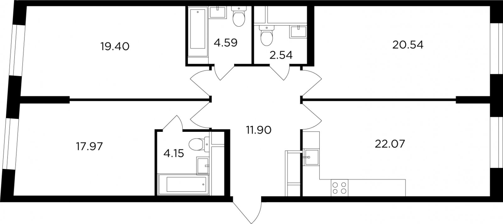 3-комнатная квартира без отделки, 103.16 м2, 28 этаж, дом сдан, ЖК КутузовGRAD 2, корпус 6 - объявление 2173479 - фото №1