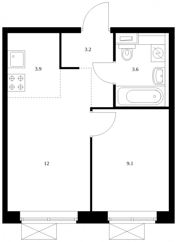 2-комнатная квартира с полной отделкой, 31.8 м2, 2 этаж, сдача 2 квартал 2024 г., ЖК Бунинские луга, корпус 3.7.1 - объявление 1740702 - фото №1