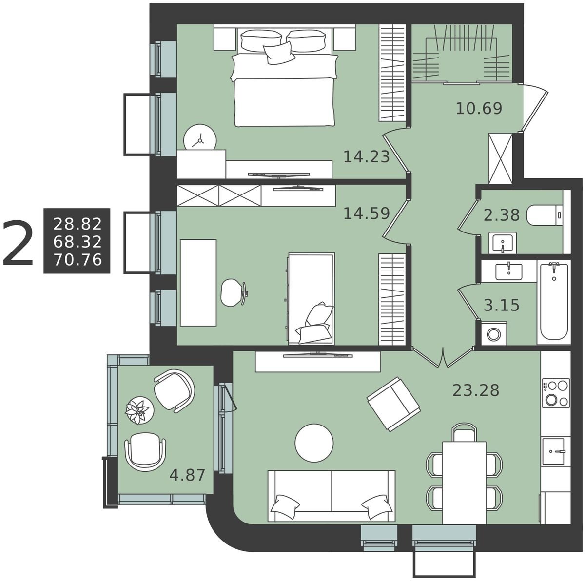 2-комнатная квартира 70.76 м2, 2 этаж, сдача 1 квартал 2024 г., ЖК Мишино-2, корпус 8 - объявление 2149870 - фото №1