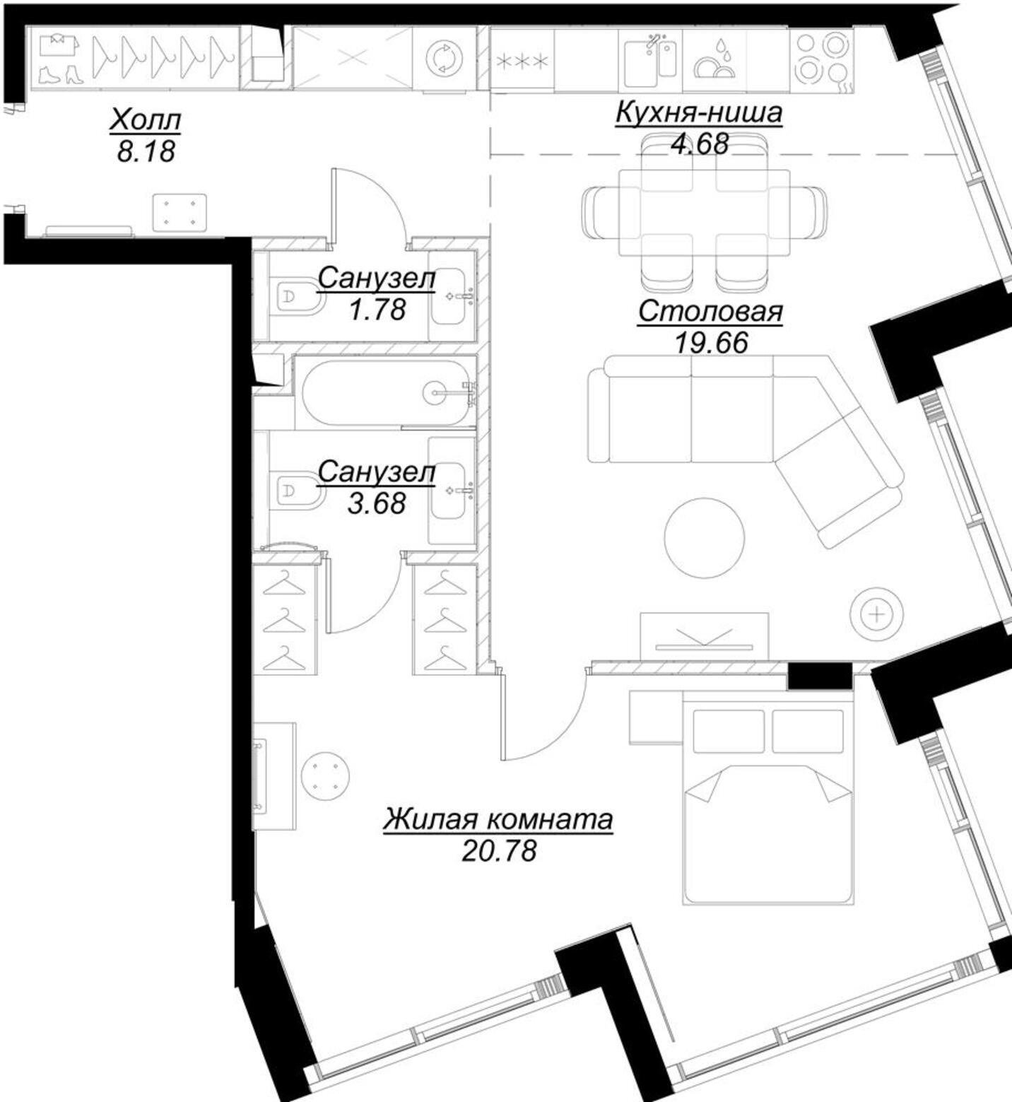 1-комнатная квартира с полной отделкой, 58.15 м2, 5 этаж, сдача 4 квартал 2024 г., ЖК MOD, корпус Stein - объявление 2191513 - фото №1