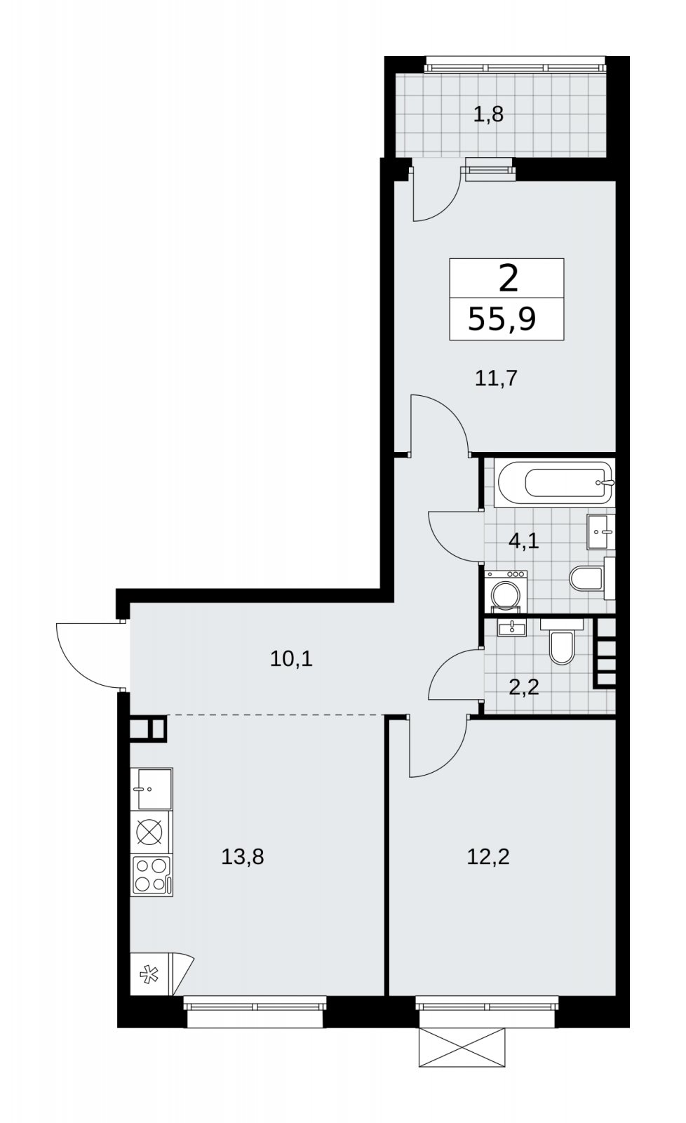 2-комнатная квартира без отделки, 55.9 м2, 3 этаж, сдача 1 квартал 2026 г., ЖК Дзен-кварталы, корпус 4.3 - объявление 2251667 - фото №1