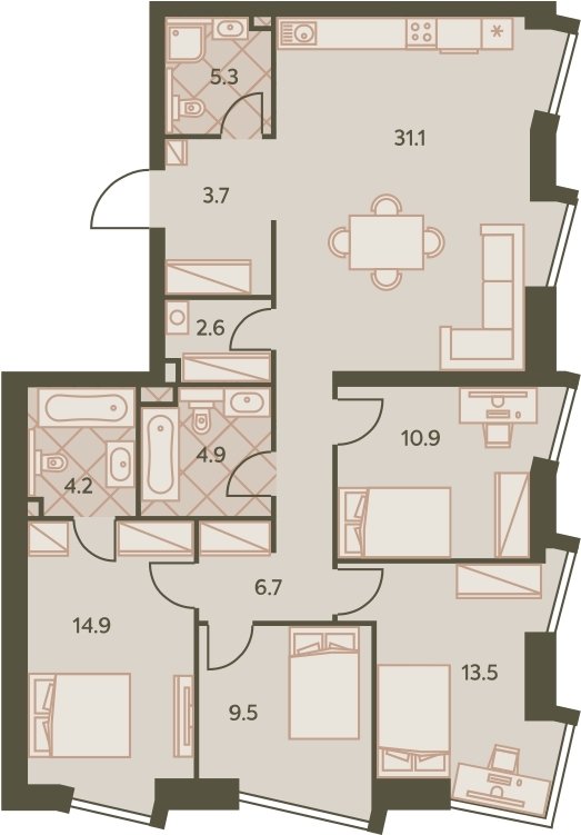 5-комнатная квартира без отделки, 109 м2, 37 этаж, сдача 4 квартал 2023 г., ЖК Eniteo, корпус 1 - объявление 2259029 - фото №1
