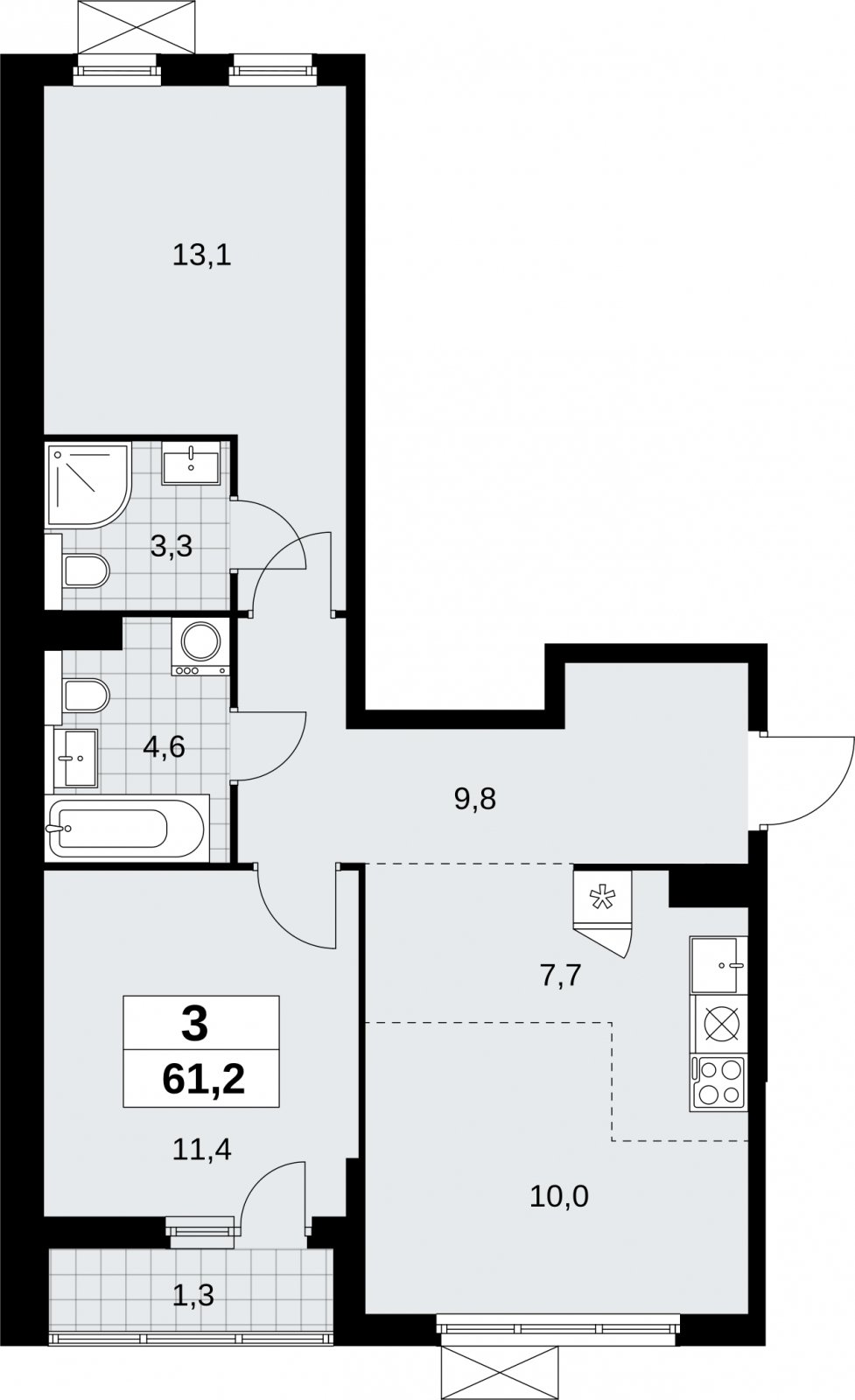 3-комнатная квартира (евро) без отделки, 61.2 м2, 5 этаж, сдача 2 квартал 2026 г., ЖК Бунинские кварталы, корпус 9.1 - объявление 2323553 - фото №1