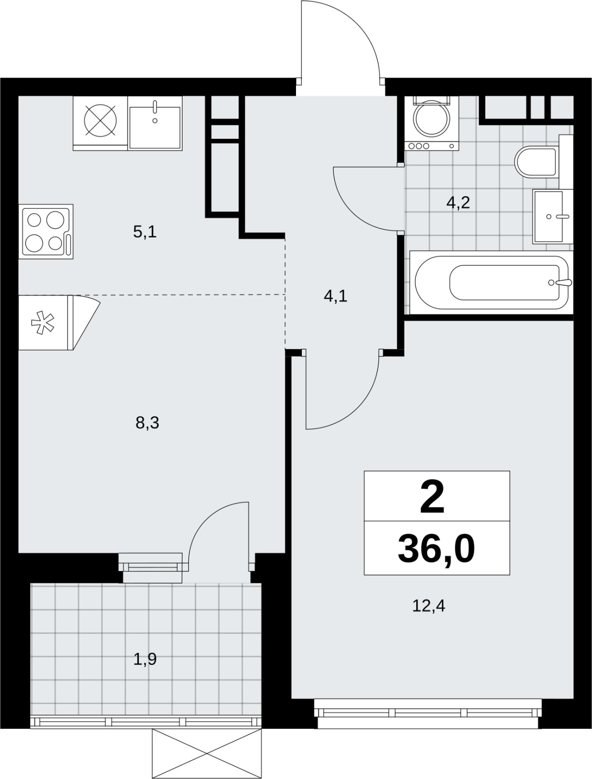 2-комнатная квартира (евро) без отделки, 36 м2, 10 этаж, сдача 4 квартал 2026 г., ЖК Скандинавия, корпус 2.18.1.4 - объявление 2351008 - фото №1