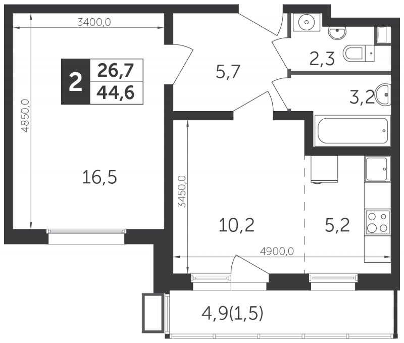 2-комнатная квартира с частичной отделкой, 44.5 м2, 6 этаж, дом сдан, ЖК Датский квартал, корпус 1 - объявление 1894246 - фото №1