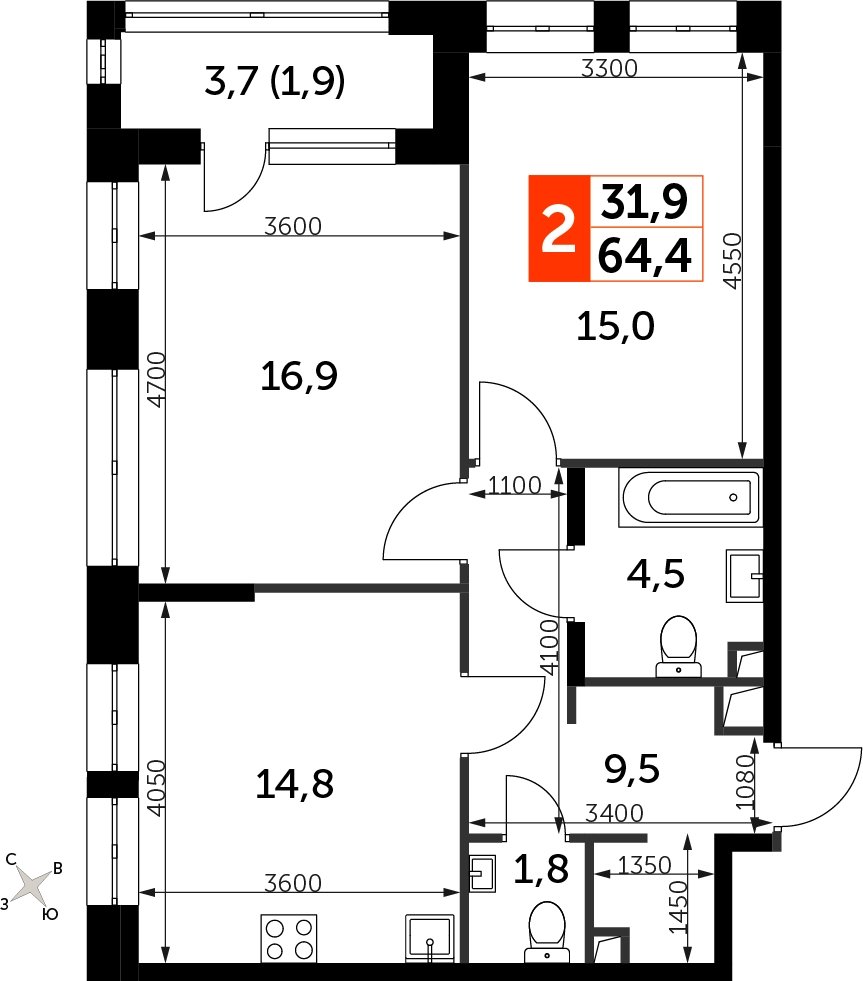2-комнатная квартира с частичной отделкой, 64.4 м2, 8 этаж, сдача 3 квартал 2024 г., ЖК Sydney City, корпус 2.1 - объявление 2266943 - фото №1