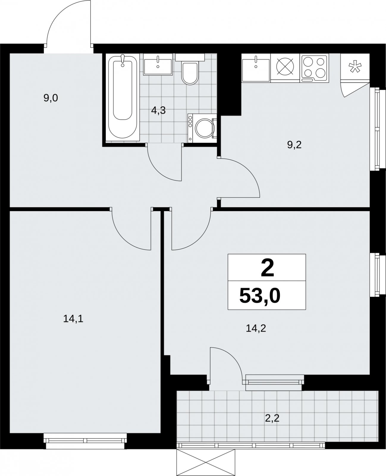 2-комнатная квартира без отделки, 53 м2, 14 этаж, сдача 2 квартал 2026 г., ЖК Дзен-кварталы, корпус 6.1.2 - объявление 2327327 - фото №1