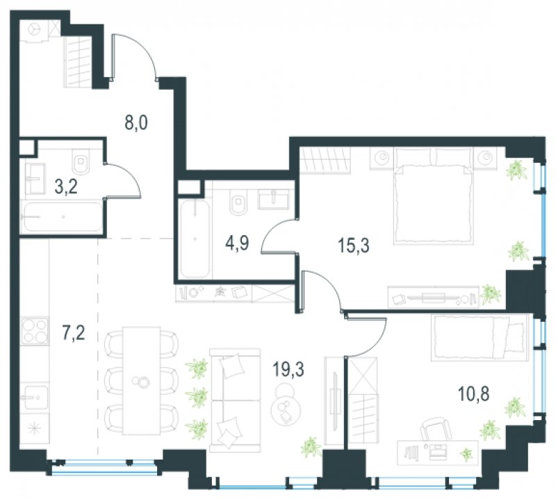 3-комнатная квартира без отделки, 68.7 м2, 37 этаж, сдача 2 квартал 2025 г., ЖК Level Мичуринский, корпус 1 - объявление 1775385 - фото №1