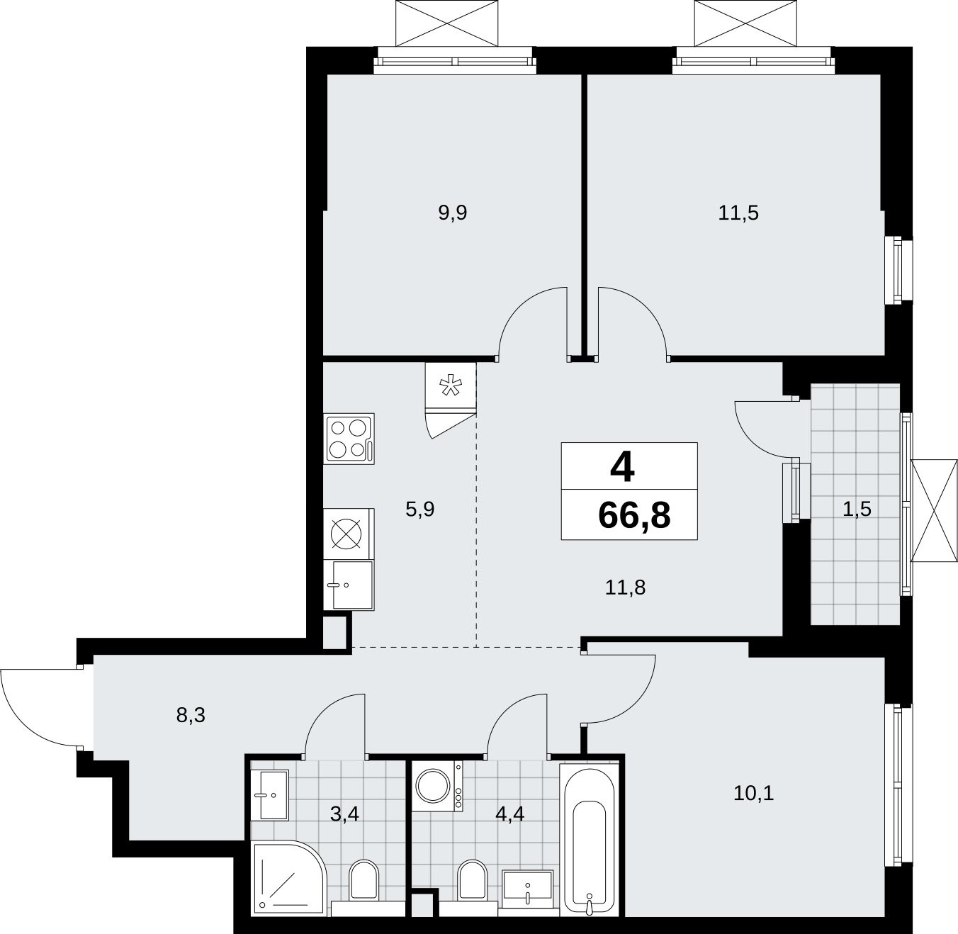 4-комнатная квартира (евро) с полной отделкой, 66.8 м2, 2 этаж, сдача 2 квартал 2026 г., ЖК Бунинские кварталы, корпус 9.3 - объявление 2324306 - фото №1