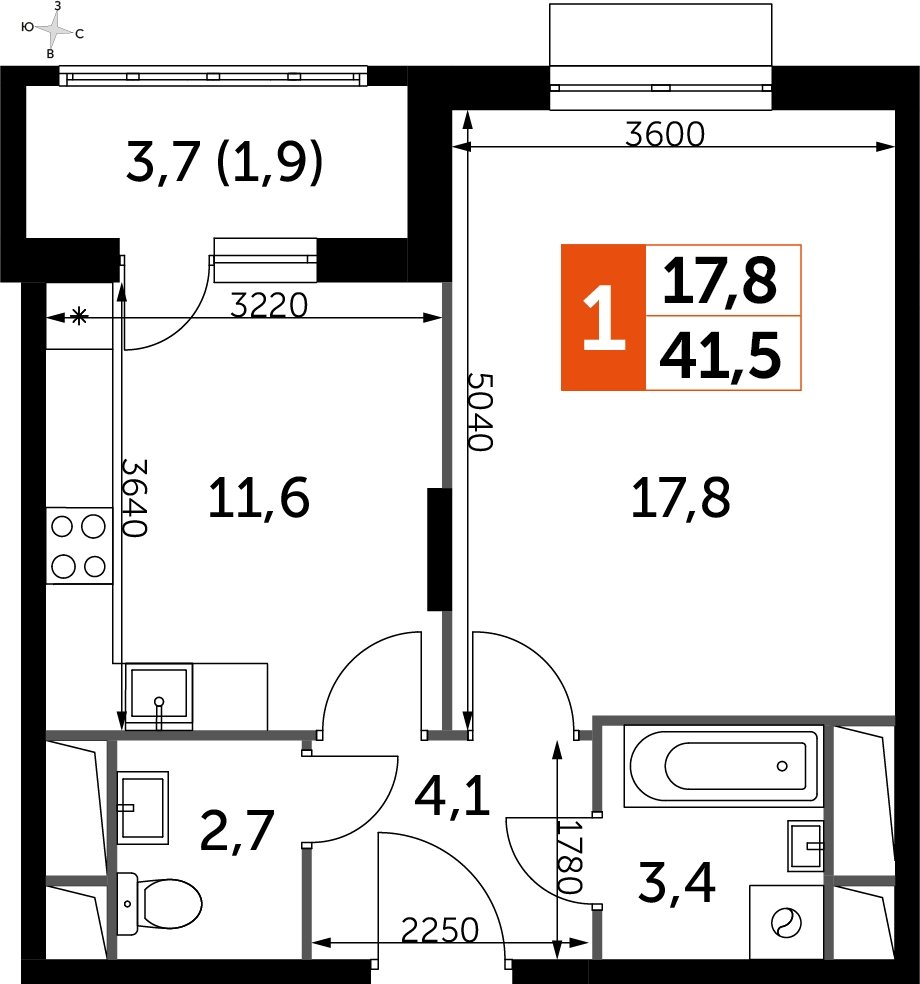 1-комнатная квартира без отделки, 41.5 м2, 10 этаж, дом сдан, ЖК UP-квартал Римский, корпус 7 - объявление 2318776 - фото №1
