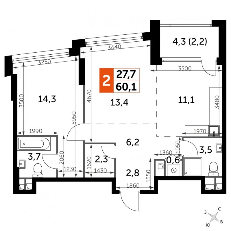 2-комнатная квартира с частичной отделкой, 60.1 м2, 3 этаж, сдача 4 квартал 2024 г., ЖК ROTTERDAM, корпус 2.1 - объявление 1686946 - фото №1