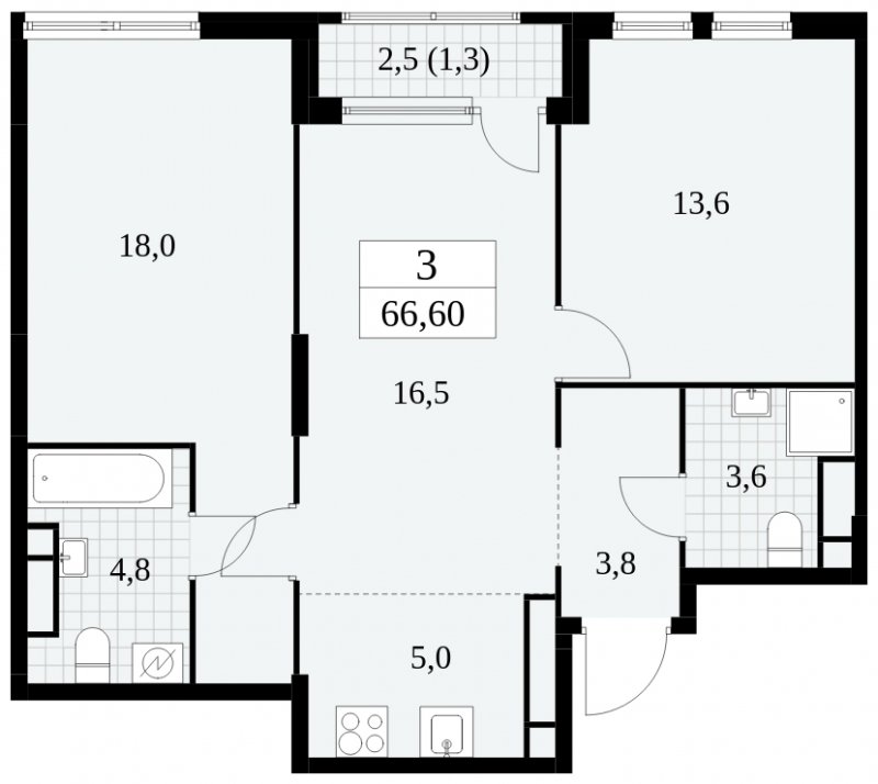 3-комнатная квартира (евро) без отделки, 66.6 м2, 23 этаж, сдача 2 квартал 2025 г., ЖК Южные сады, корпус 2.3 - объявление 1758258 - фото №1