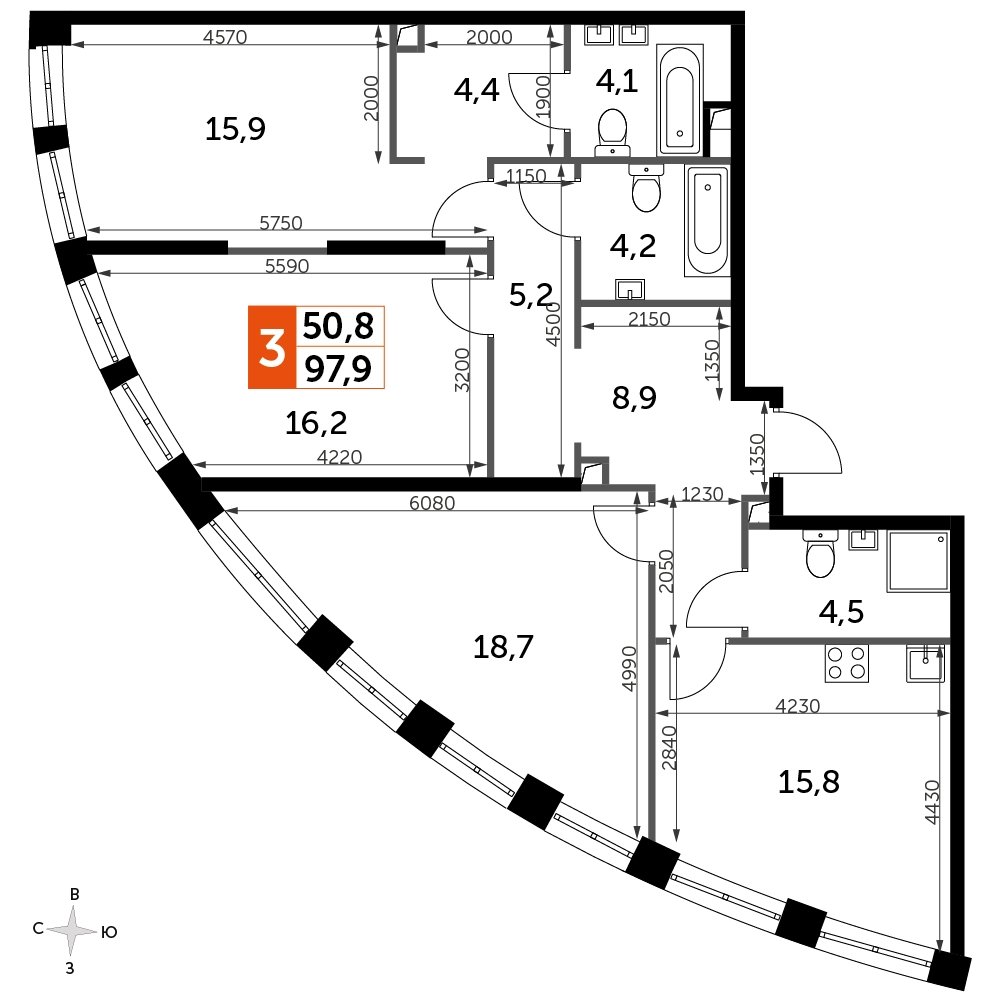 3-комнатная квартира без отделки, 97.9 м2, 38 этаж, сдача 3 квартал 2024 г., ЖК Sydney City, корпус 2.2 - объявление 2260123 - фото №1