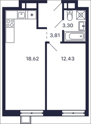 1-комнатная квартира с частичной отделкой, 38.16 м2, 19 этаж, сдача 2 квартал 2026 г., ЖК Квартал Тетрис, корпус С-2.2 - объявление 2290205 - фото №1