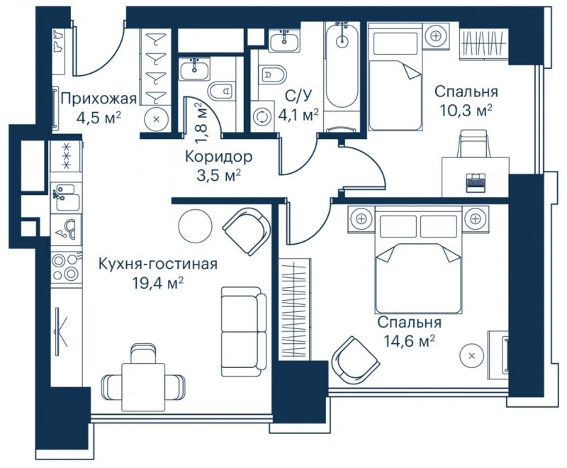 2-комнатная квартира с частичной отделкой, 58.19 м2, 14 этаж, сдача 2 квартал 2024 г., ЖК City Bay, корпус Indian Ocean 1 - объявление 1780841 - фото №1