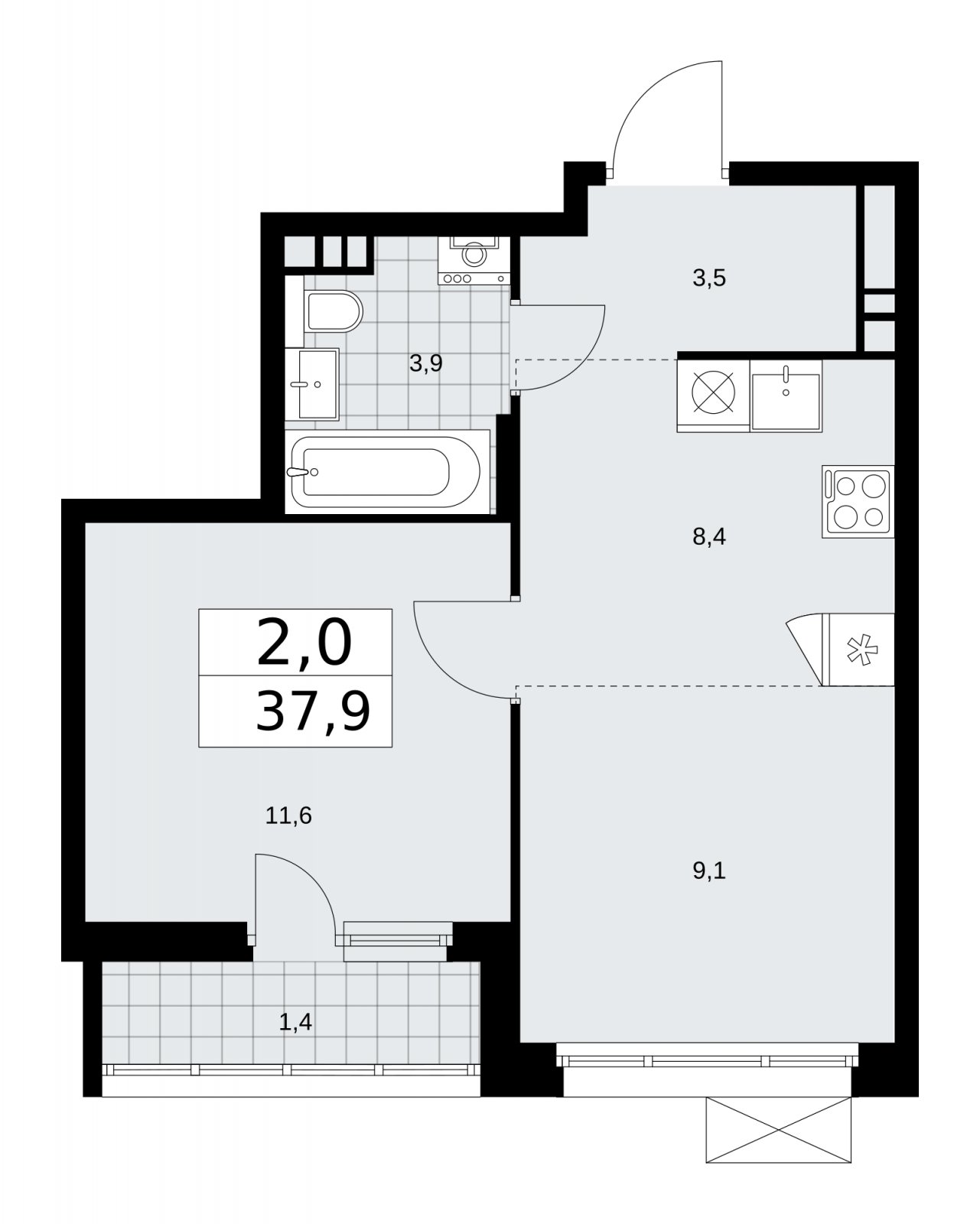 2-комнатная квартира (евро) с частичной отделкой, 37.9 м2, 15 этаж, сдача 2 квартал 2026 г., ЖК Прокшино, корпус 10.1.4 - объявление 2227578 - фото №1