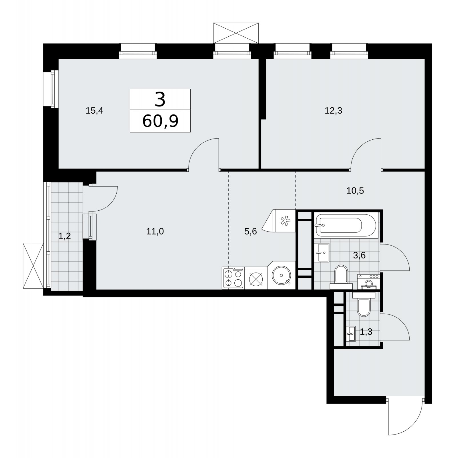 3-комнатная квартира (евро) без отделки, 60.9 м2, 15 этаж, сдача 1 квартал 2026 г., ЖК Скандинавия, корпус 37.2.3 - объявление 2254780 - фото №1