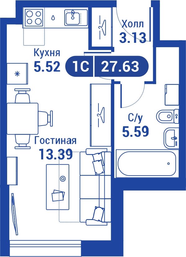 1-комнатная квартира без отделки, 26.9 м2, 20 этаж, сдача 4 квартал 2023 г., ЖК iLove, корпус 3 - объявление 2047308 - фото №1