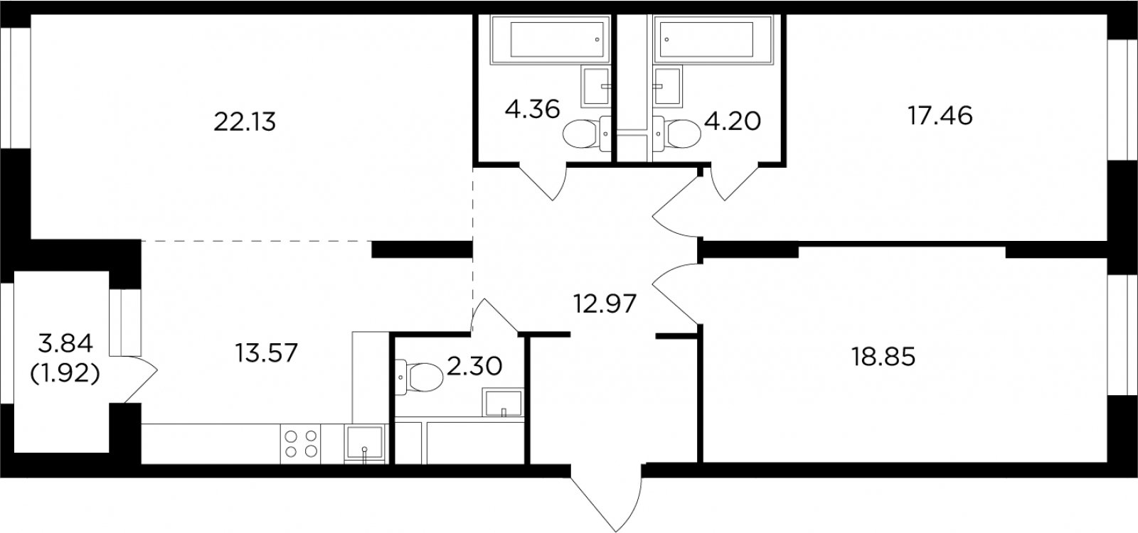 3-комнатная квартира без отделки, 97.26 м2, 27 этаж, дом сдан, ЖК КутузовGRAD 2, корпус 5 - объявление 2007647 - фото №1