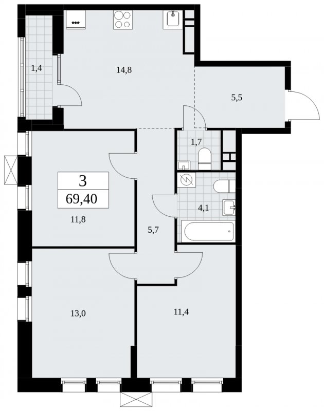 3-комнатная квартира без отделки, 69.4 м2, 13 этаж, сдача 2 квартал 2025 г., ЖК Дзен-кварталы, корпус 2.3 - объявление 1932631 - фото №1