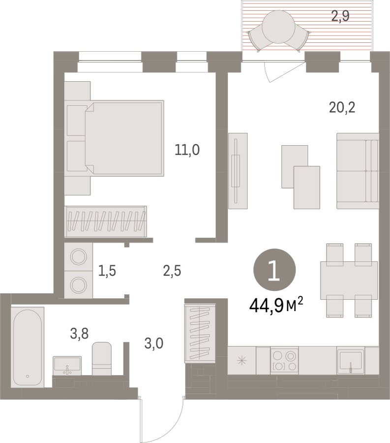 1-комнатная квартира с частичной отделкой, 44.88 м2, 5 этаж, сдача 1 квартал 2025 г., ЖК Первый квартал, корпус Дом 5 - объявление 2281407 - фото №1