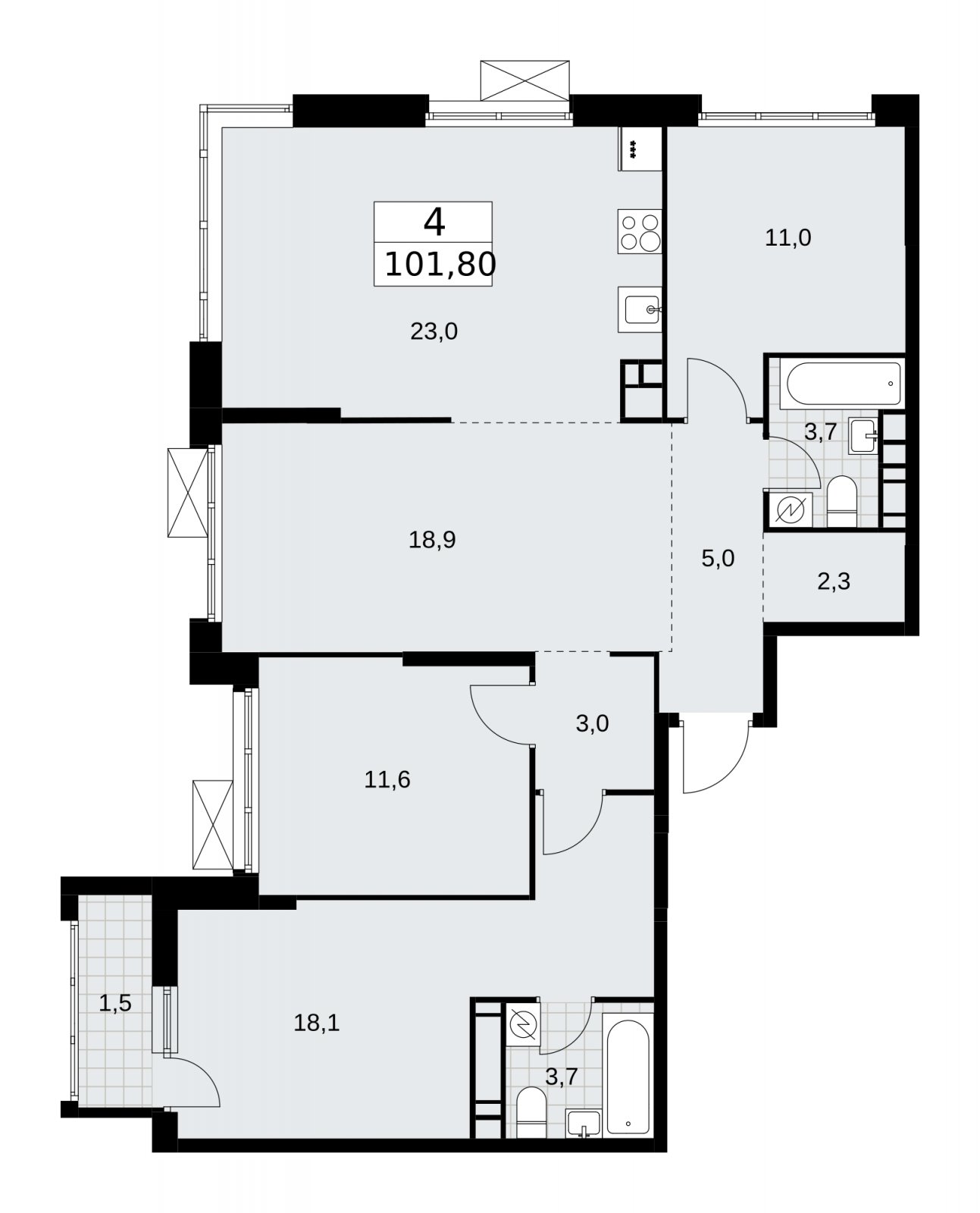 4-комнатная квартира с частичной отделкой, 101.8 м2, 16 этаж, сдача 4 квартал 2025 г., ЖК Скандинавия, корпус 28.3 - объявление 2202570 - фото №1