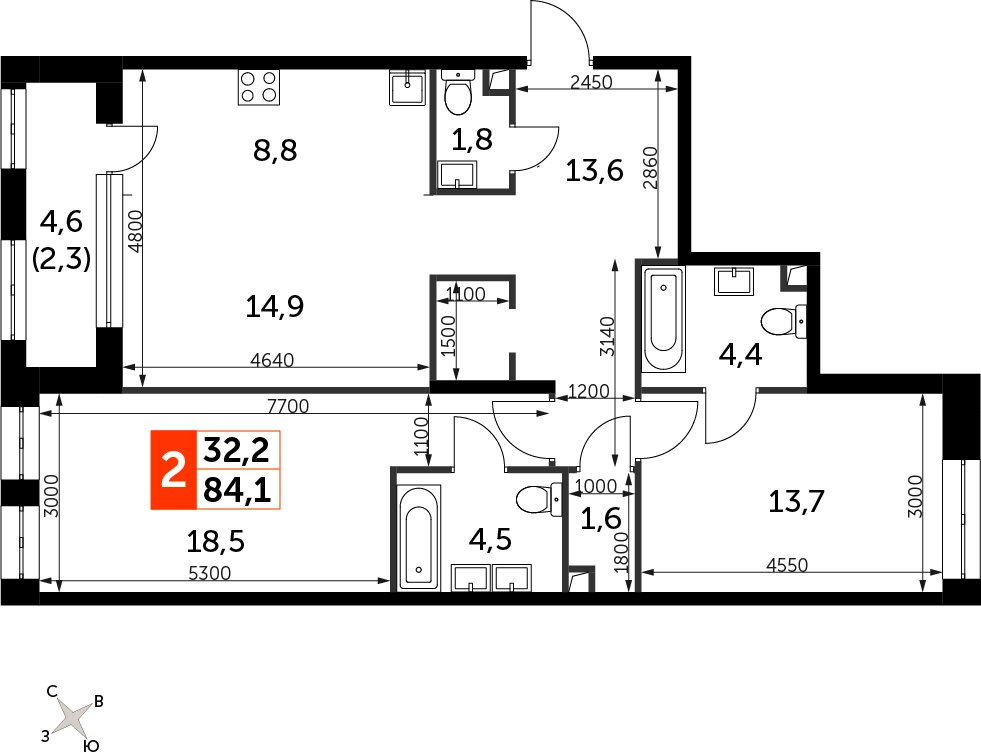 2-комнатная квартира с частичной отделкой, 84.1 м2, 5 этаж, сдача 3 квартал 2024 г., ЖК Sydney City, корпус 2.1 - объявление 2391769 - фото №1