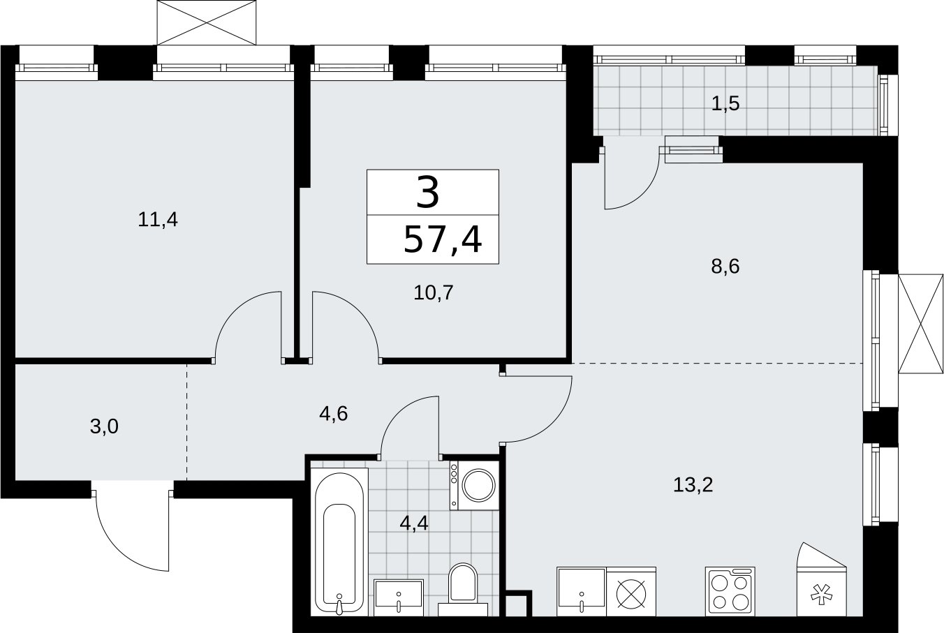 3-комнатная квартира (евро) с частичной отделкой, 57.4 м2, 2 этаж, сдача 2 квартал 2026 г., ЖК Бунинские кварталы, корпус 5.1 - объявление 2297272 - фото №1