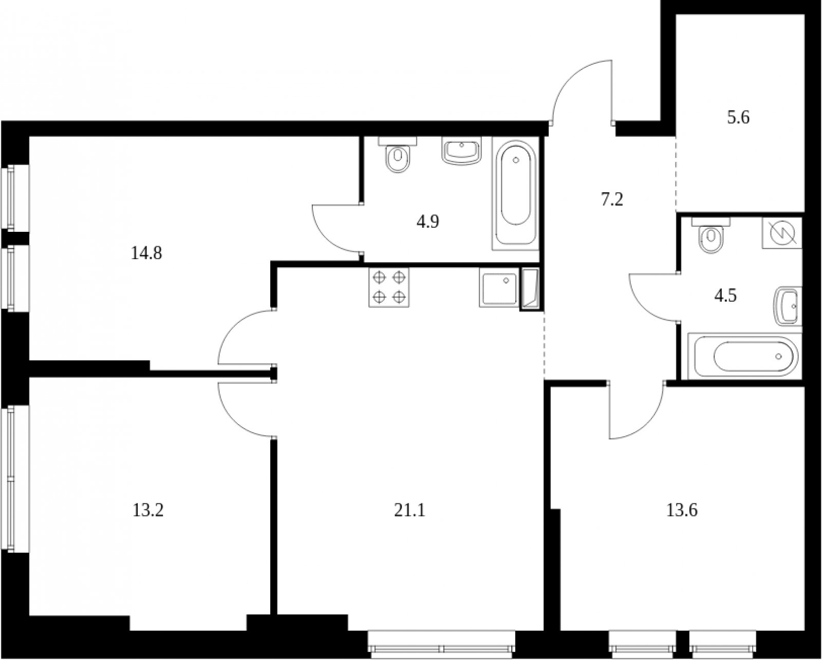 3-комнатная квартира с частичной отделкой, 84.9 м2, 25 этаж, сдача 4 квартал 2023 г., ЖК Кронштадтский 9, корпус 1.4 - объявление 2012241 - фото №1