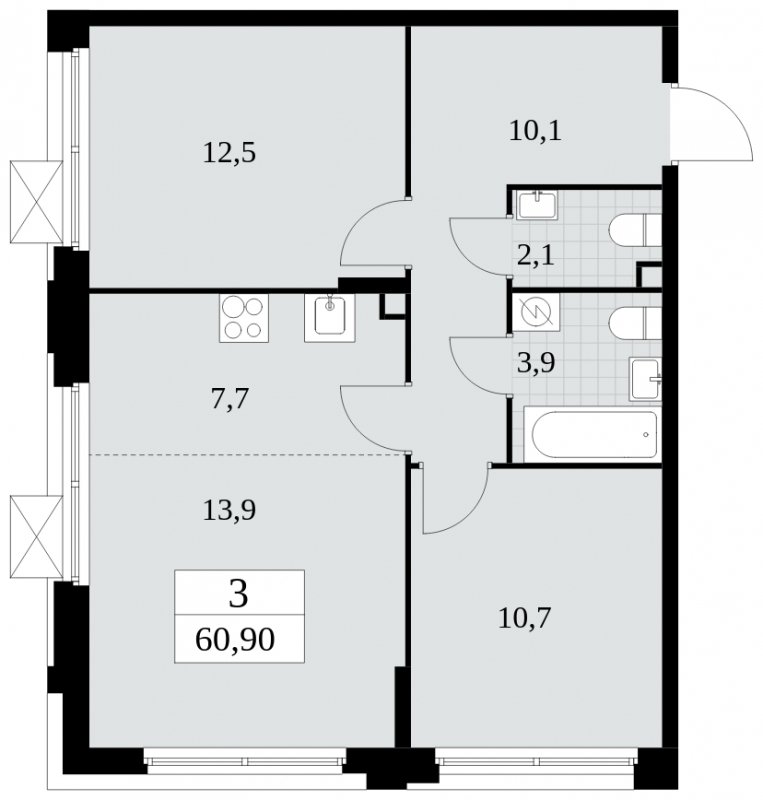 3-комнатная квартира (евро) без отделки, 60.9 м2, 2 этаж, сдача 1 квартал 2025 г., ЖК Скандинавия, корпус 2.27.3 - объявление 1840621 - фото №1
