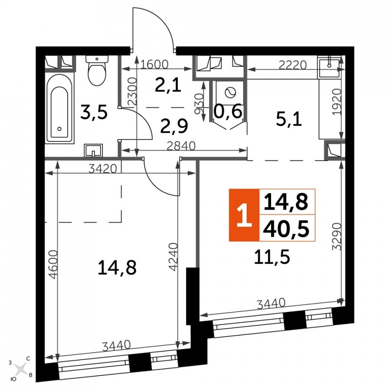 1-комнатная квартира с частичной отделкой, 40.5 м2, 7 этаж, сдача 4 квартал 2024 г., ЖК ROTTERDAM, корпус 2.1 - объявление 1954420 - фото №1