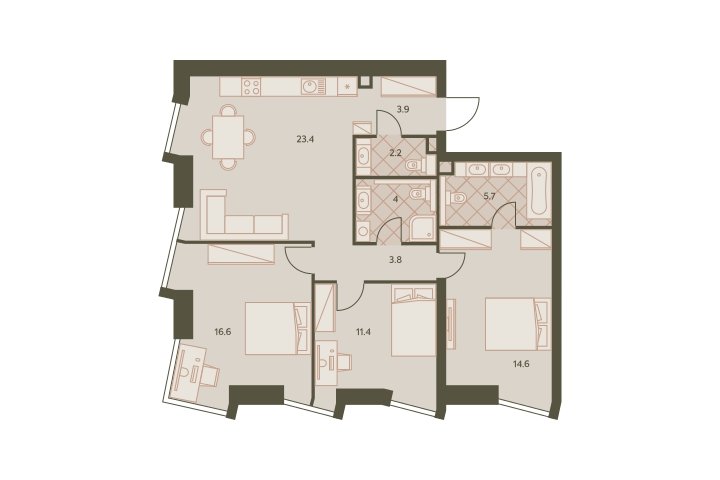 4-комнатная квартира (евро) без отделки, 86.7 м2, 30 этаж, дом сдан, ЖК Eniteo, корпус 2 - объявление 2326749 - фото №1