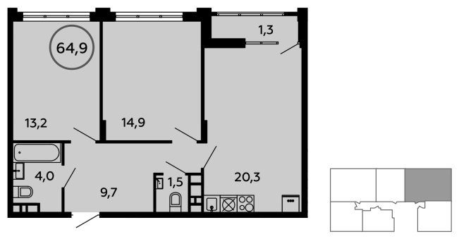 2-комнатная квартира без отделки, 64.9 м2, 13 этаж, сдача 1 квартал 2023 г., ЖК Скандинавия, корпус 2.14.1 - объявление 1499130 - фото №1