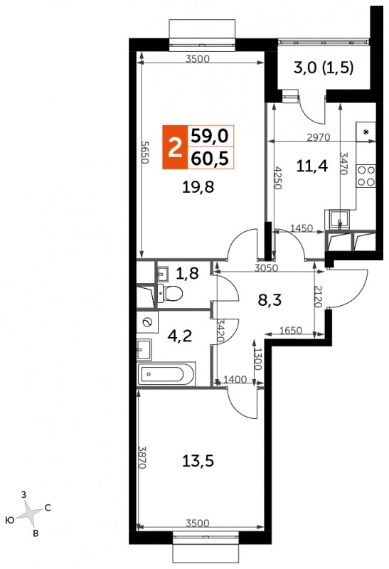 2-комнатная квартира с частичной отделкой, 60.5 м2, 7 этаж, сдача 3 квартал 2023 г., ЖК UP-квартал Римский, корпус 7 - объявление 1501395 - фото №1