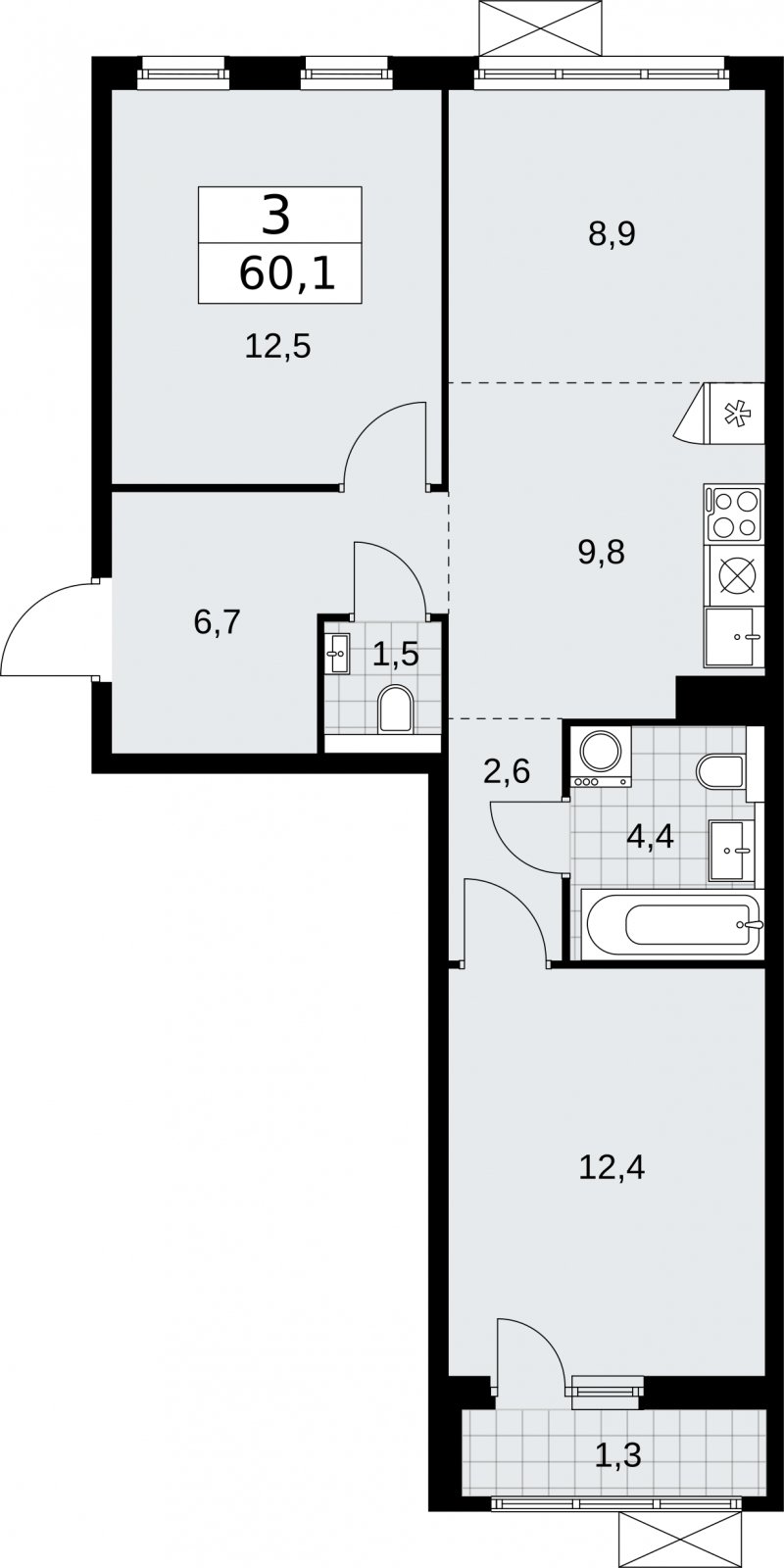 3-комнатная квартира (евро) с полной отделкой, 60.1 м2, 3 этаж, сдача 2 квартал 2026 г., ЖК Бунинские кварталы, корпус 7.1 - объявление 2319522 - фото №1