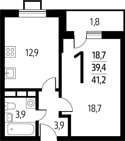 1-комнатная квартира с полной отделкой, 41.2 м2, 7 этаж, сдача 1 квартал 2025 г., ЖК Новые Ватутинки. Заречный, корпус 5/2 - объявление 2271820 - фото №1