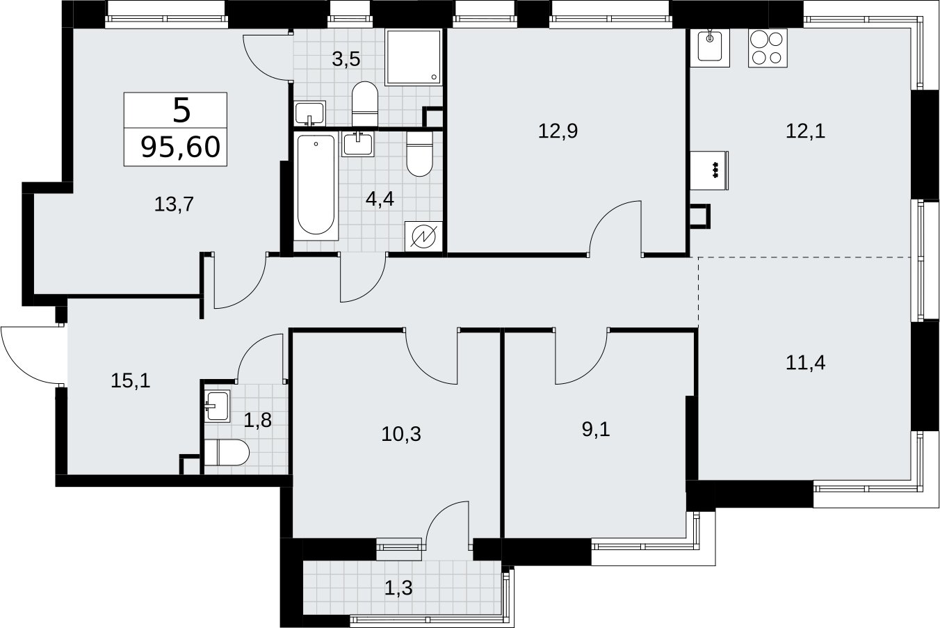 5-комнатная квартира (евро) без отделки, 95.6 м2, 2 этаж, сдача 3 квартал 2026 г., ЖК Родные кварталы, корпус 3.5 - объявление 2378706 - фото №1